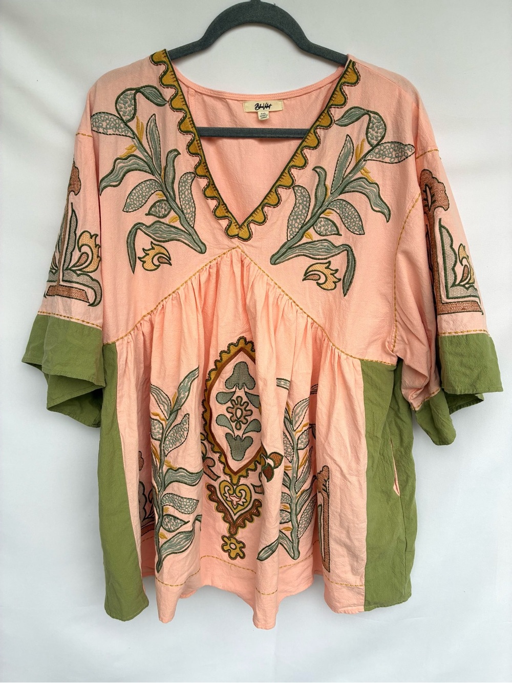 Boho chic Pink & Olive Embroidered V-Neck Women's Top